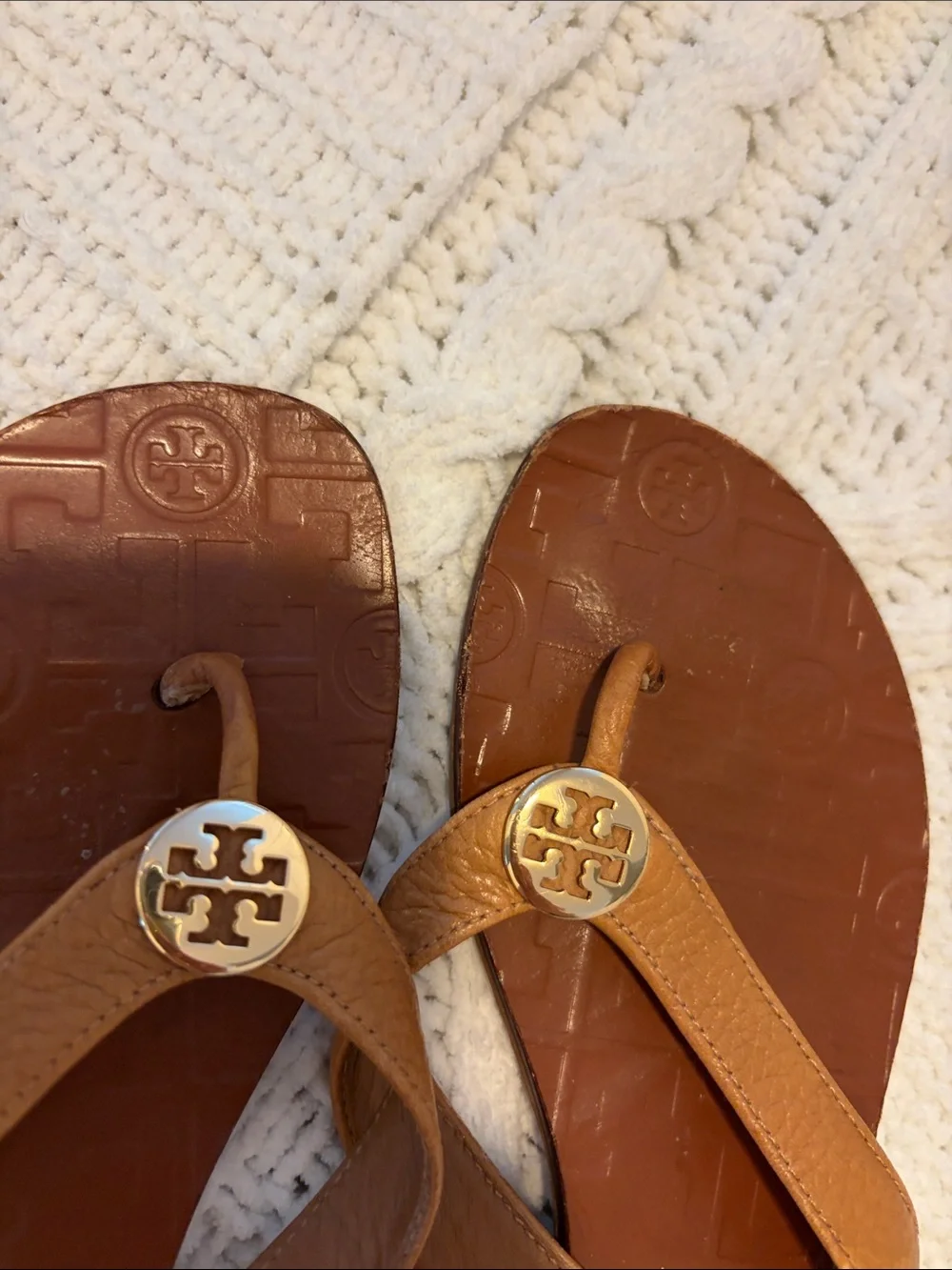 Tory Burch Tan/Brown Leather Logo Flip Flop Sandals